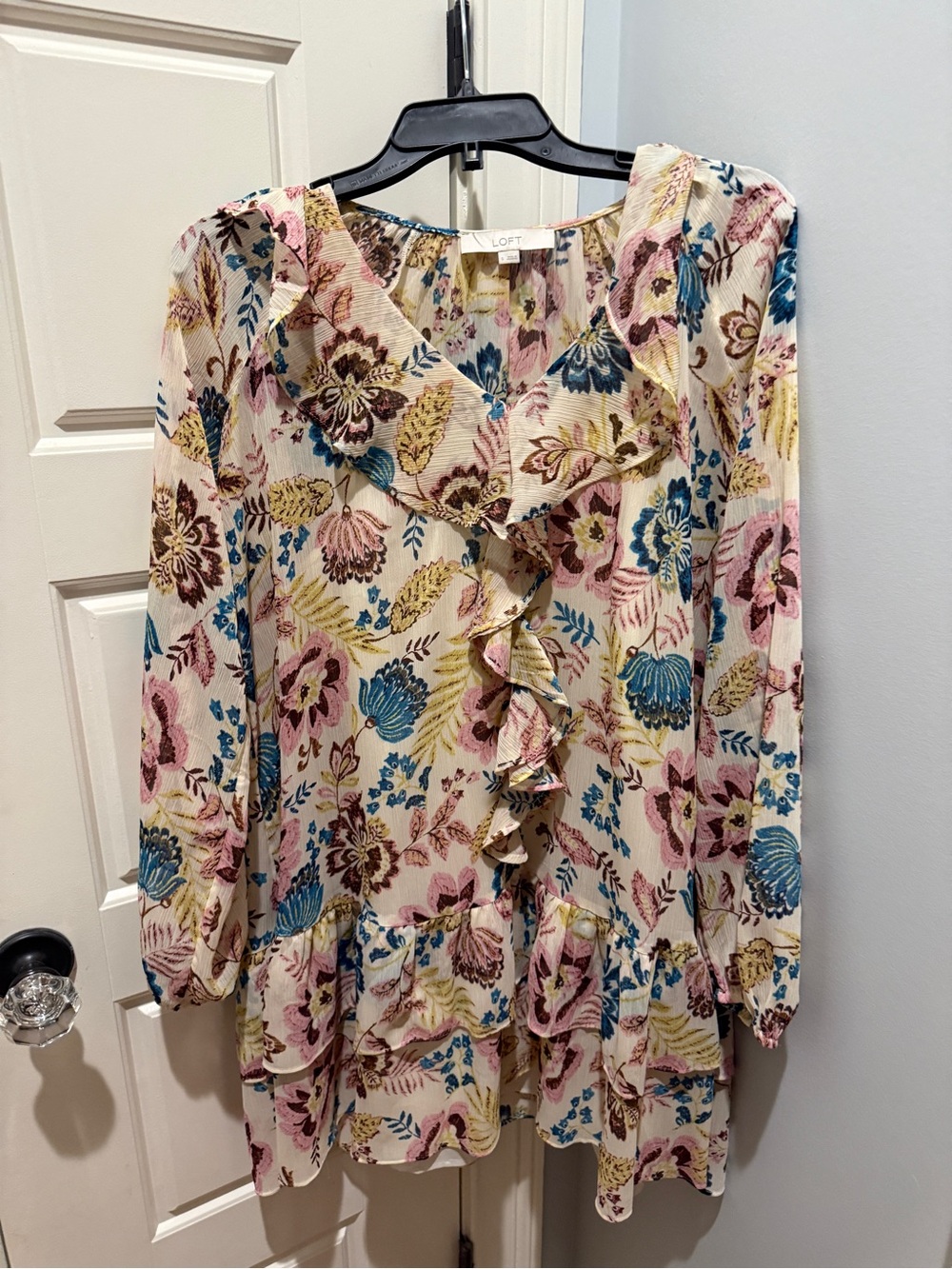 LOFT Floral Ruffle Long-Sleeve dress in Multi Pink & Blue